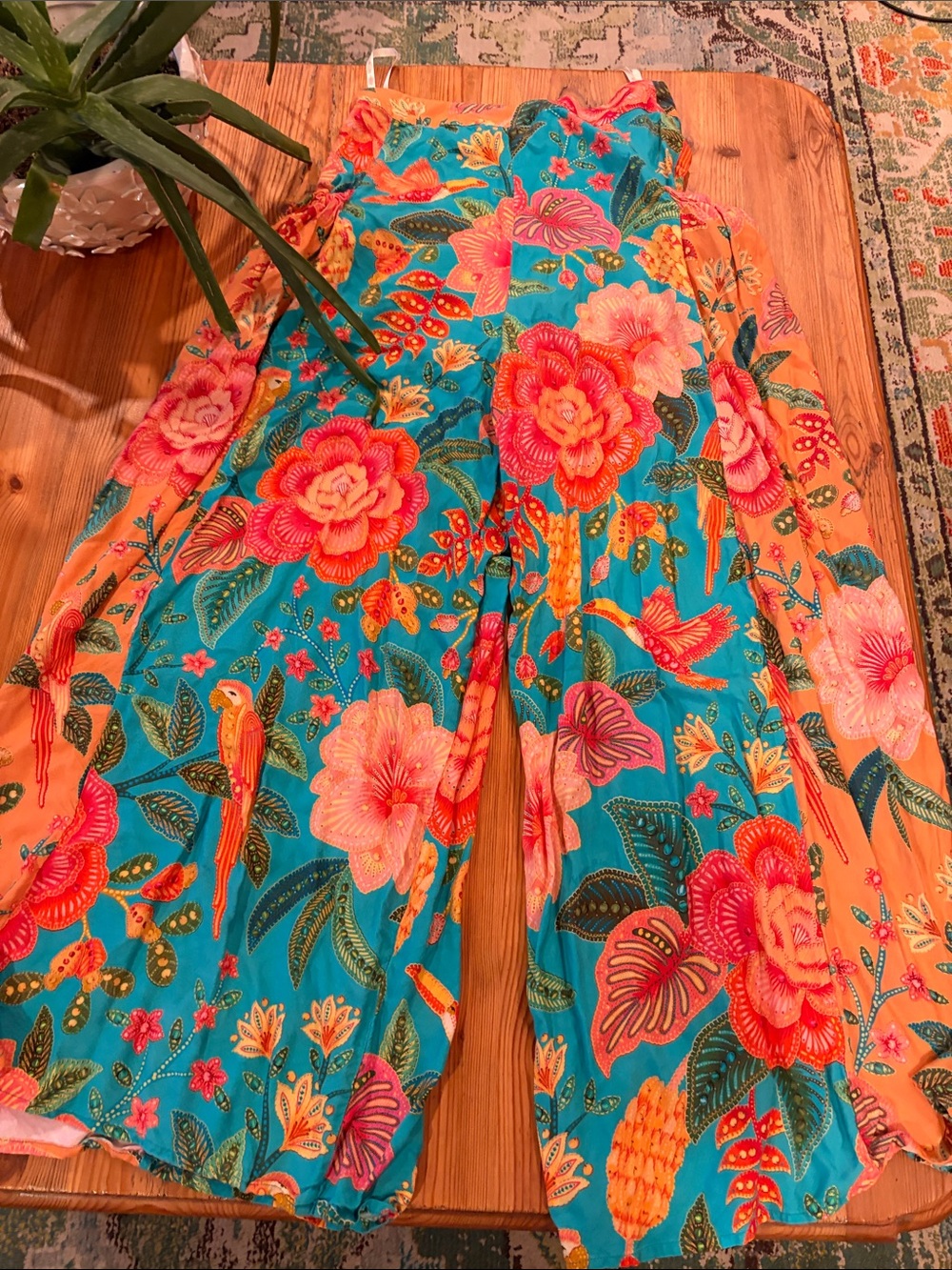 Farm Rio Floral Tropical Wide-Leg pants in Teal and Coral